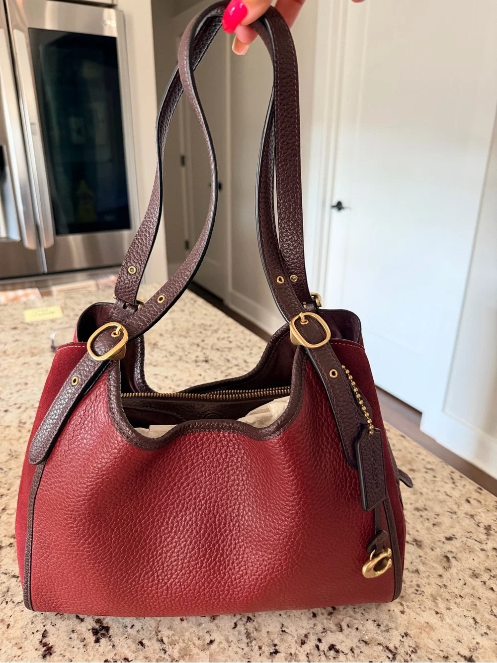 Coach Pebbled Leather Shoulder Bag in Burgundy with Dark Brown Trim